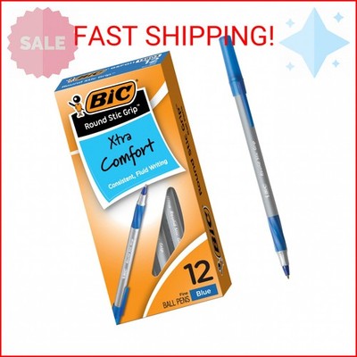 BIC Round Stic Grip Xtra Comfort Fine Blue Ballpoint Pens, Medium Point (0.8 mm)