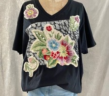 UPCYCLED BOHO Women's T Shirt Applique Flowers Animal Print Rhinestones Black XL