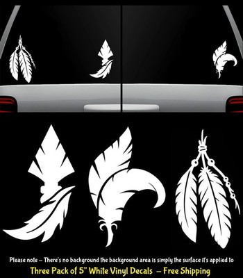 Arrowhead & Native American Feathers Three 5'' White Vinyl Decals Window Vehicles