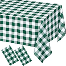 2 Pack Green and White Checkered Rectangular Plastic Tablecloths, Green Gingham