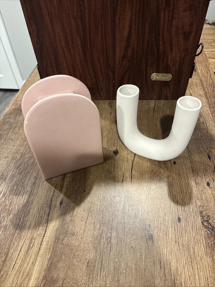 Juego de 2 jarrones abstractos minimalistas de cerámica florero rosa y blanco Foto 2 de 4