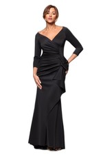 Xscape Women's Long 3/4 Sleeve V-Neck Side Ruched Gown Black 16P
