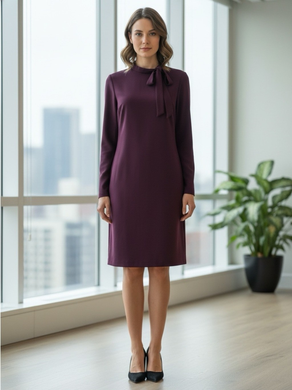 Calvin Klein Women’s Long Sleeve Tie-Neck Sheath Dress Plum Size 10