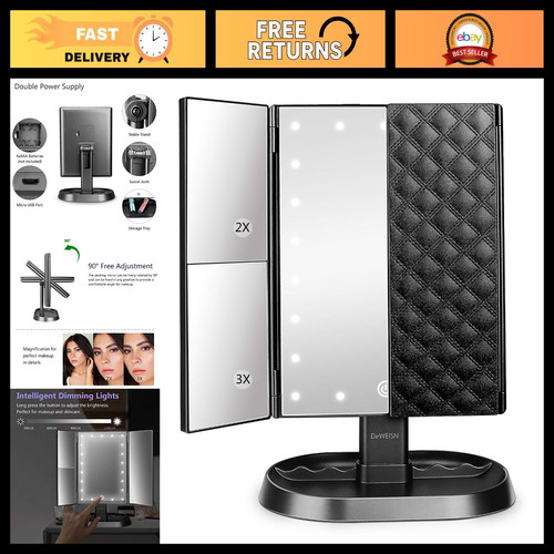 Lighted Trifold Makeup Mirror with 21 LEDs, 1x/2x/3x Magnification, Touch Screen
