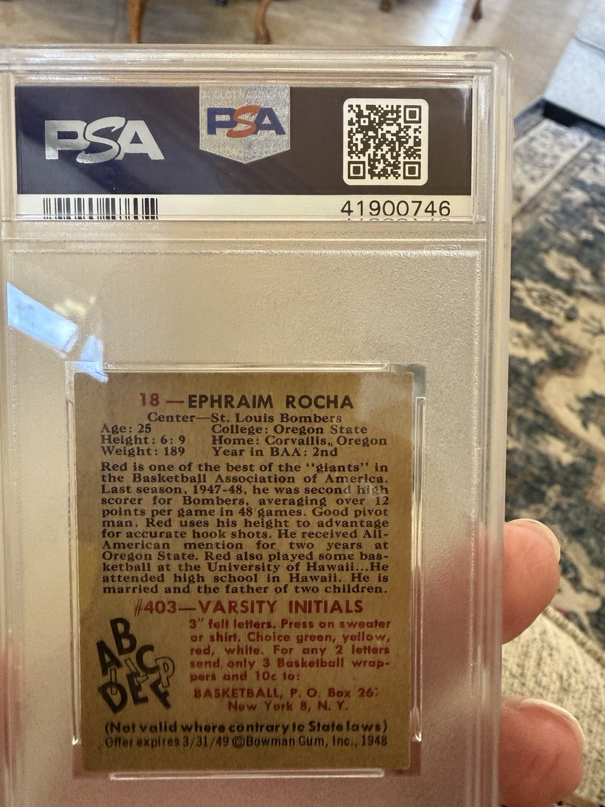 1948 Vintage Bowman Basketball Card Ephraim Rocha #18 PSA Graded 6 view 3