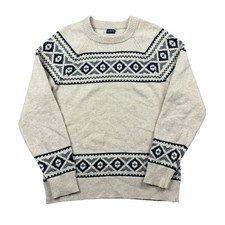 J Crew Nordic Sweater Men Medium Tan Fair Isle Crewneck Wool Blend Cabin Cottage