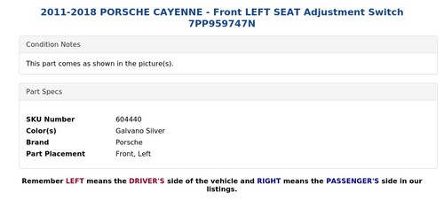 Interruptor de ajuste del asiento delantero izquierdo Porsche Cayenne 2011-2018 7PP959747N - Imagen 3 de 4