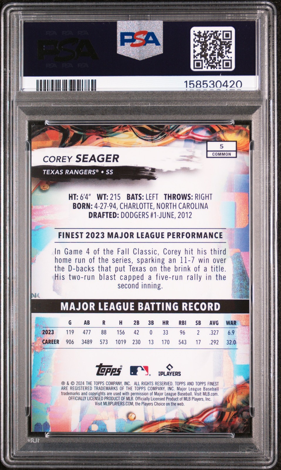 2024 TOPPS FINEST GREEN REFRACTOR #5 COREY SEAGER 43/75 PSA 9 view 2