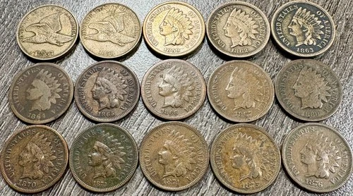 1857-1876 Flying Eagle & Indian Cent 1C Collection, 15 Coins Total, Circulated