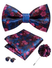Floral Pre-tied Bow Tie and Pocket Square Cufflinks Lapel Pin Sets Red/Blue