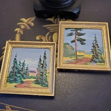 2 Mini Original Paintings Gilded Frames Landscapes 4" x 4" Set of 2- Matched Set