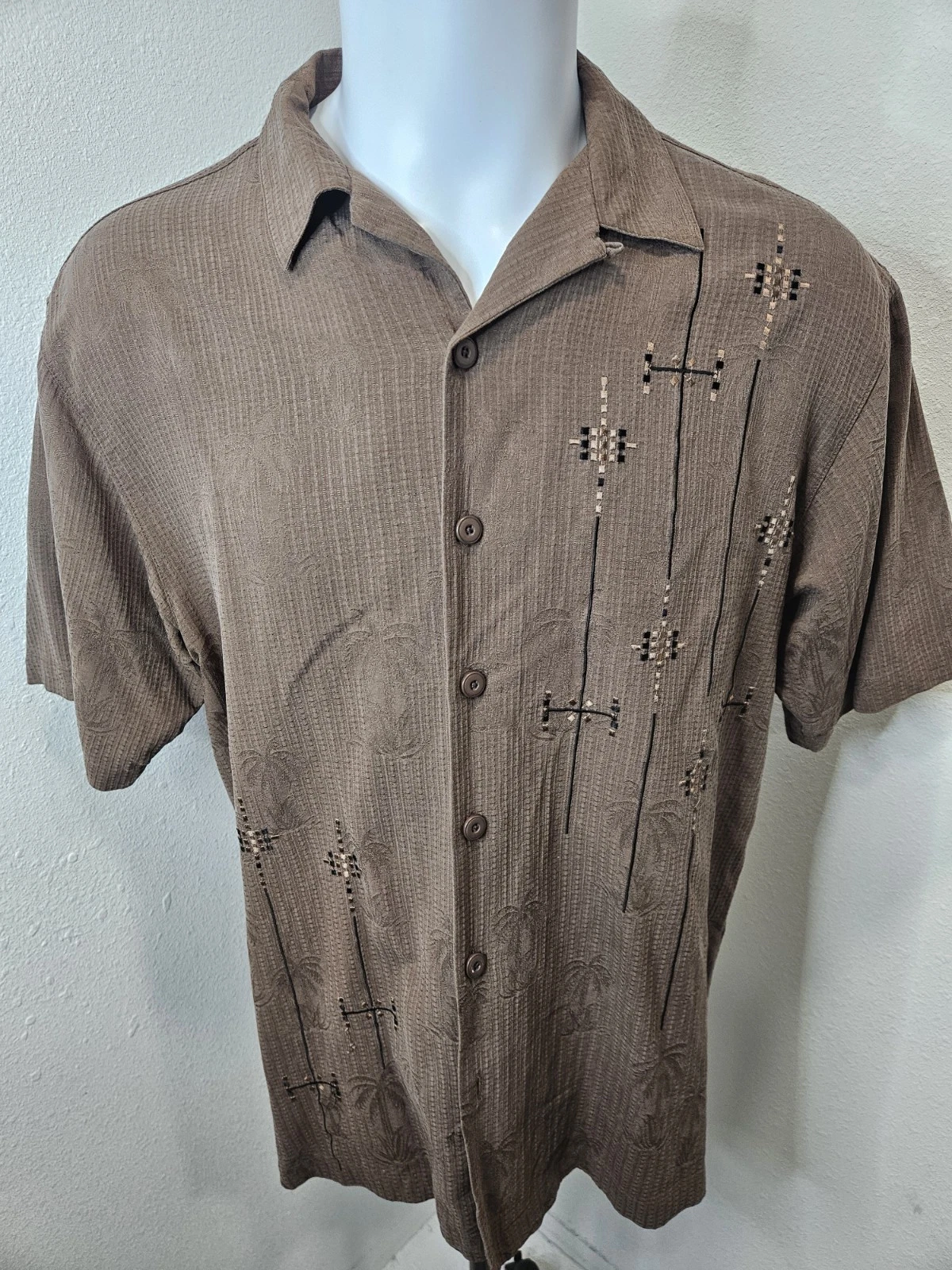 Vintage Paradise Blue Silk Hawaiian Short Sleeve Button Men's Large
