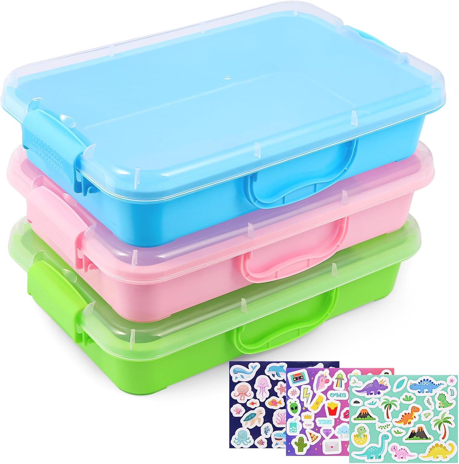 3 Pcs Sensory Bin Play Tray with Lid & 3 Stickers, Stackable Plastic Storage Con