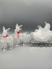 Santa Claus With Reindeer Sleigh Clear Acrylic Frosted Christmas Decor 13"