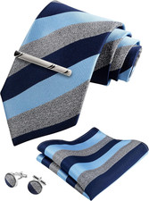 TIE G Stripe Plaid Mens Ties Set in Black Gift Box: Necktie and Pocket Square, C