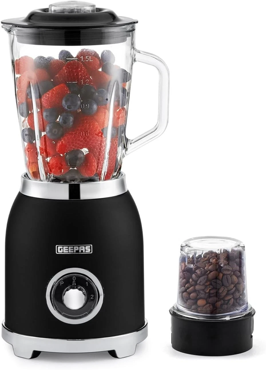 GEEPAS Retrovive 2in-1 Jug Blender-1.5LGlass Jar &Mini Coffee Grinder Mill-Black