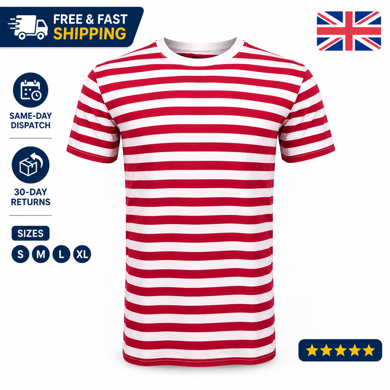 Camiseta informal a rayas roja blanca manga corta cuello redondo para hombre