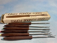 Vintage OSTER Set of 6 Stainless Steel Fondue Forks MCM Walnut Multi Color 11"