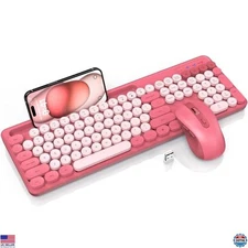 Retro Wireless Keyboard & Mouse Set - Typewriter Style, Round Keycaps, Pink