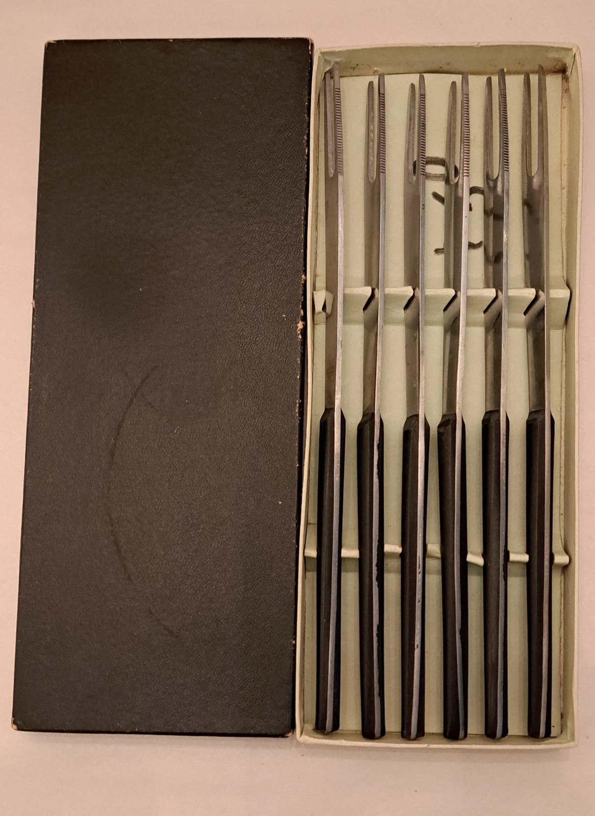 6 Pc Vintage Stainless-Steel Black Handles Serrated Fondue Forks Set Japan