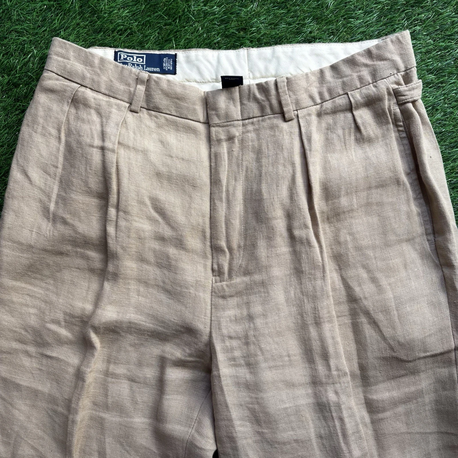 VTG 90s Polo Ralph Lauren 100% Linen Dress Pants Pleated Cuffed Mens 33x32 Beige image 2