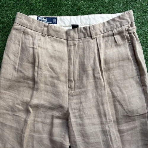 VTG 90s Polo Ralph Lauren 100% Linen Dress Pants Pleated Cuffed Mens 33x32 Beige image 2