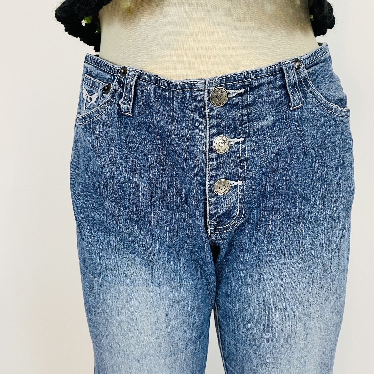Vintage Y2K Angels Button Fly Flare Jeans Womens Rhinestone