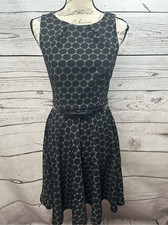 ELLE Black Dot Pattern Fit and Flare Dress Womens Size 2 Sleeveless Belted