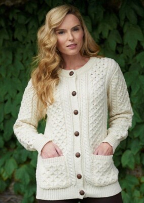Aran Crafts Strickjacke Jacke Damen XXL Wolle Zopfmuster Grobstrick Holz Fischer
