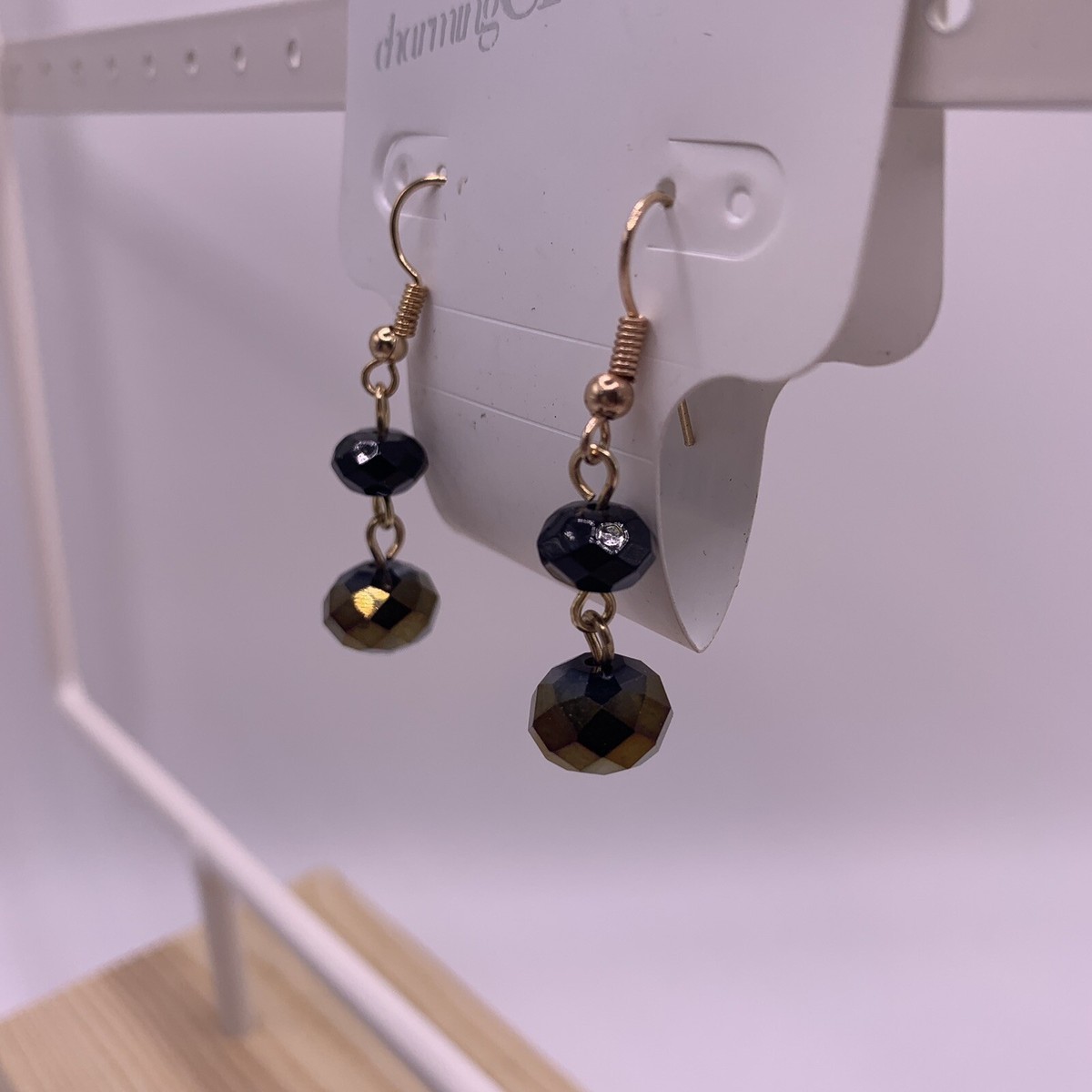 Charming Charlie Earrings Gold Tone Brown Black Beaded Dangle Pierced Hook  NEW