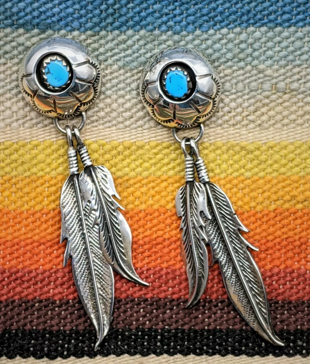 Vtg. Native American Sterling Silver Shadow Box Turquoise Feather Post Earrings