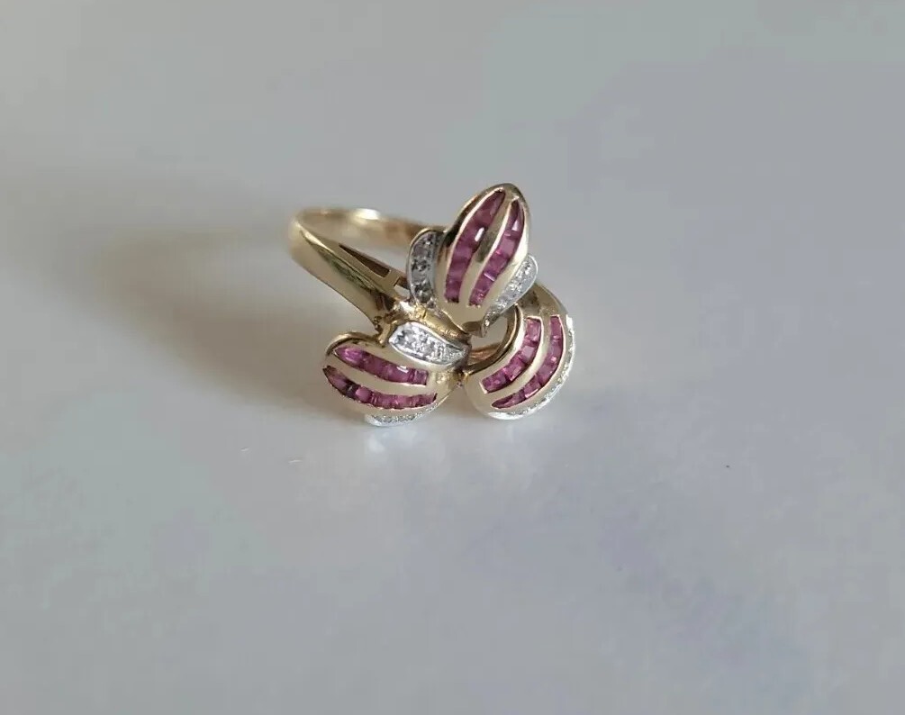 14K Ruby Diamond Ring Pave Ribbon Statement in Ye… - image 1