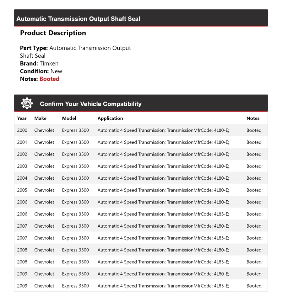 Sello de eje de salida de transmisión automática Timken 2001 para Chevrolet Express 3500 2000-2009 Foto 2 de 4