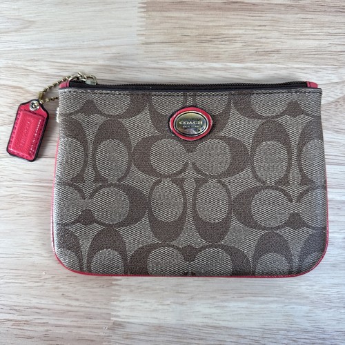 Coach Small Peyton Khaki/Pomegranate Wristlet F50142 Used READ