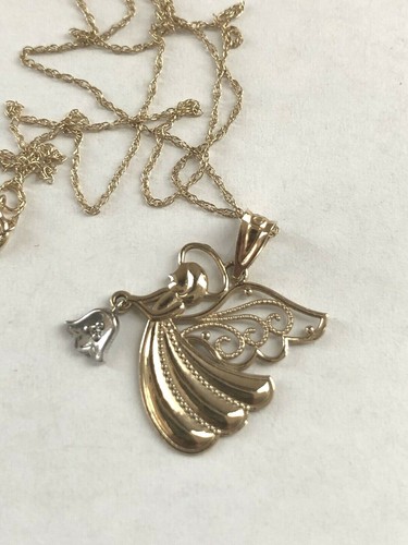 Signed 10K Ma Michael Anthony Angel Holding Bell w/ Diamond Chip Necklace - 第 2/8 張圖片