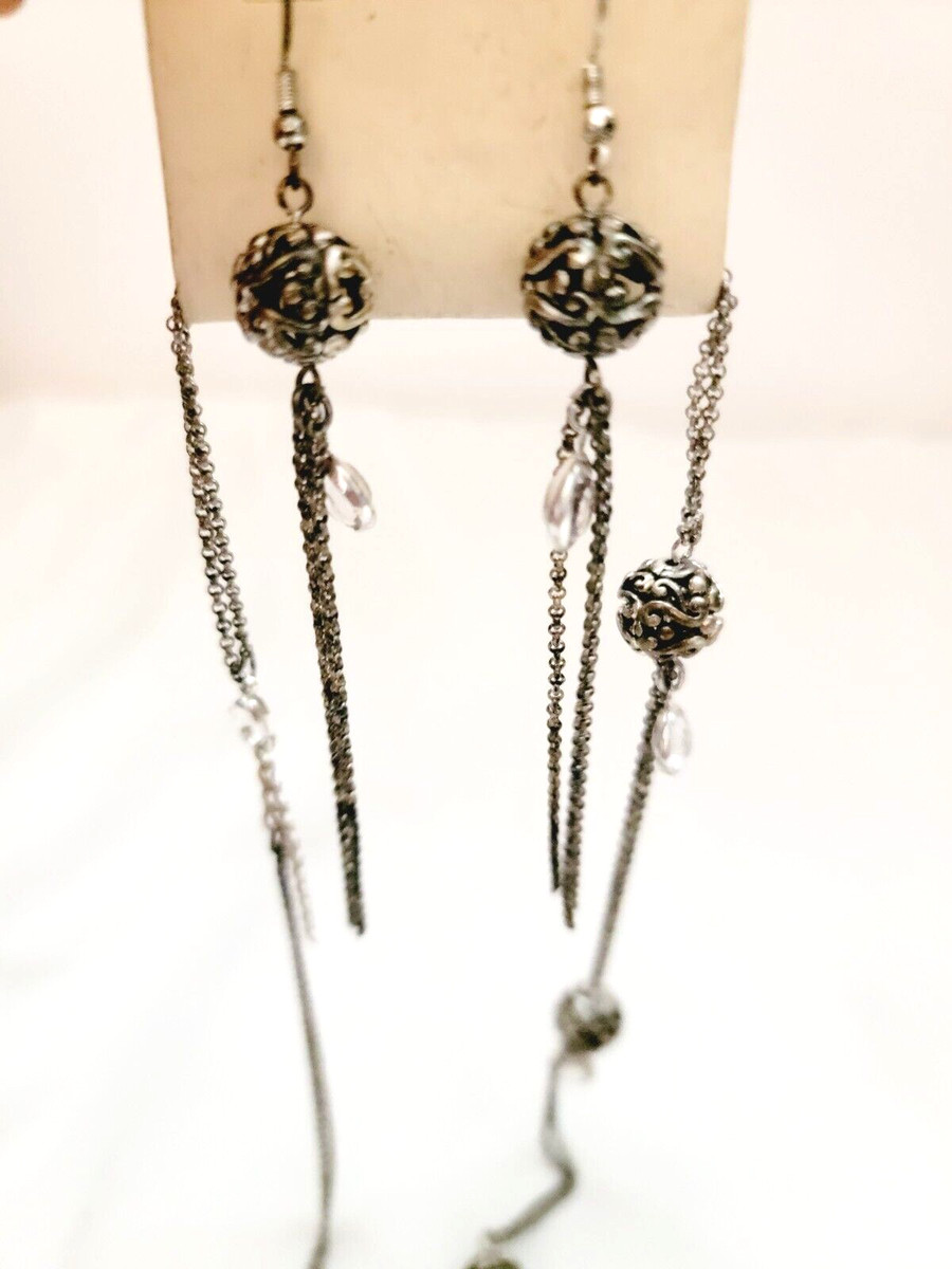 Envy Bezel Crystal Scroll Filigree Ball Beads Silver Tone Earrings & Necklace View 4