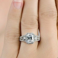 Classic Halo Style Simulated White Emerald Cut Sapphire Wedding Women's Ring