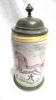 Fayance beer stein, Thuringia, with tin mount, tin lid, horse 1800s