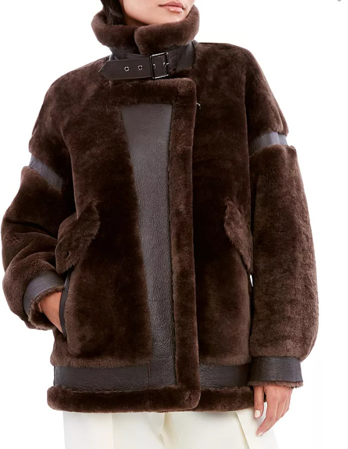 $1,495.00 Dawn Levy Sean Genuine Shearling & Leather Coat Chocolate Size L ~NWT