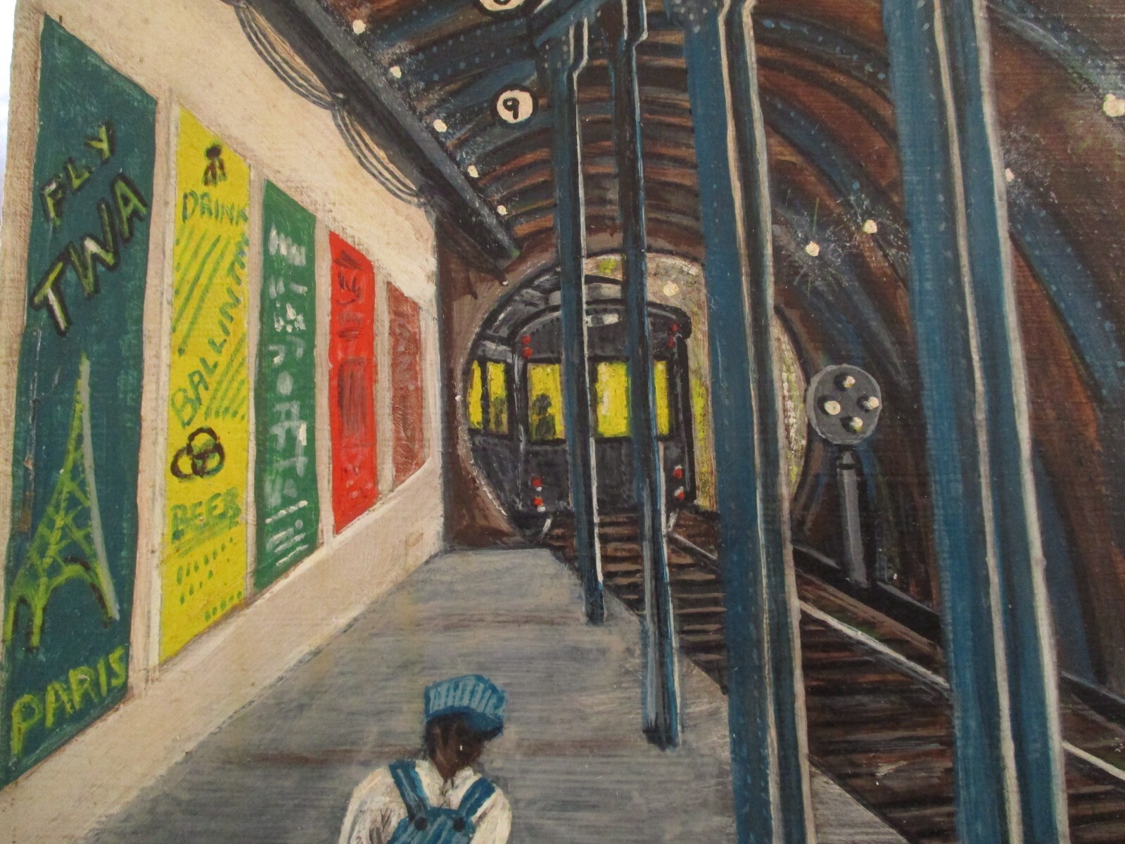 VINTAGE AMERICAN FOLK PAINTING WPA STYLE SCENE NIGHT NY BLACK AMERICANA SUBWAY