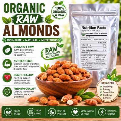 Organic Raw ALMONDS Pasteurized Unsalted Almendras