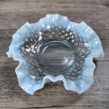 VTG Fenton Blue Opalescent Hobnail Ruffled Dish 6 Glass Beautiful Mid Century