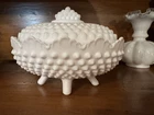 Vintage Fenton Milk Glass Hobnail Oval Lidded Candy Bowl/Dish.
