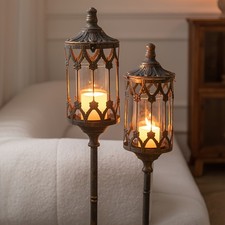 37" Tall Antique Gold Metal Candle Holder with Glass Lantern Wedding Xmas Decor