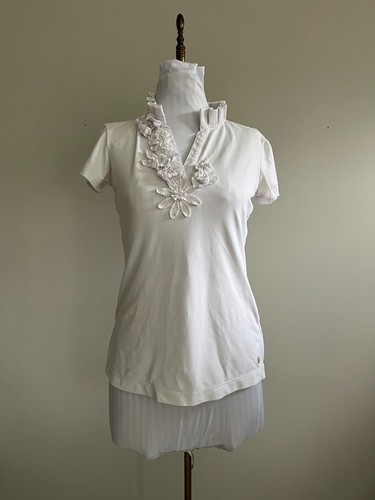 Lilly Pulitzer Luxletic White Floral Applique Ruffle Collar Top XXS Short Sleeve