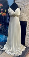camille la vie White Satin Pleated Formal Gown Empire Beaded Waist Size 10