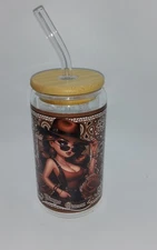 16 oz drinking glass with bamboo lid and glass straw, bandana Virgo