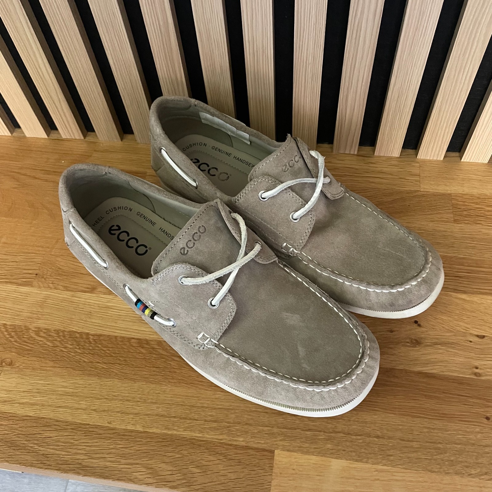 Ecco Men's Suede Boat Shoes EU46 UK12 Taupe Beige Deck Shoes RRP £100 VGC image 2