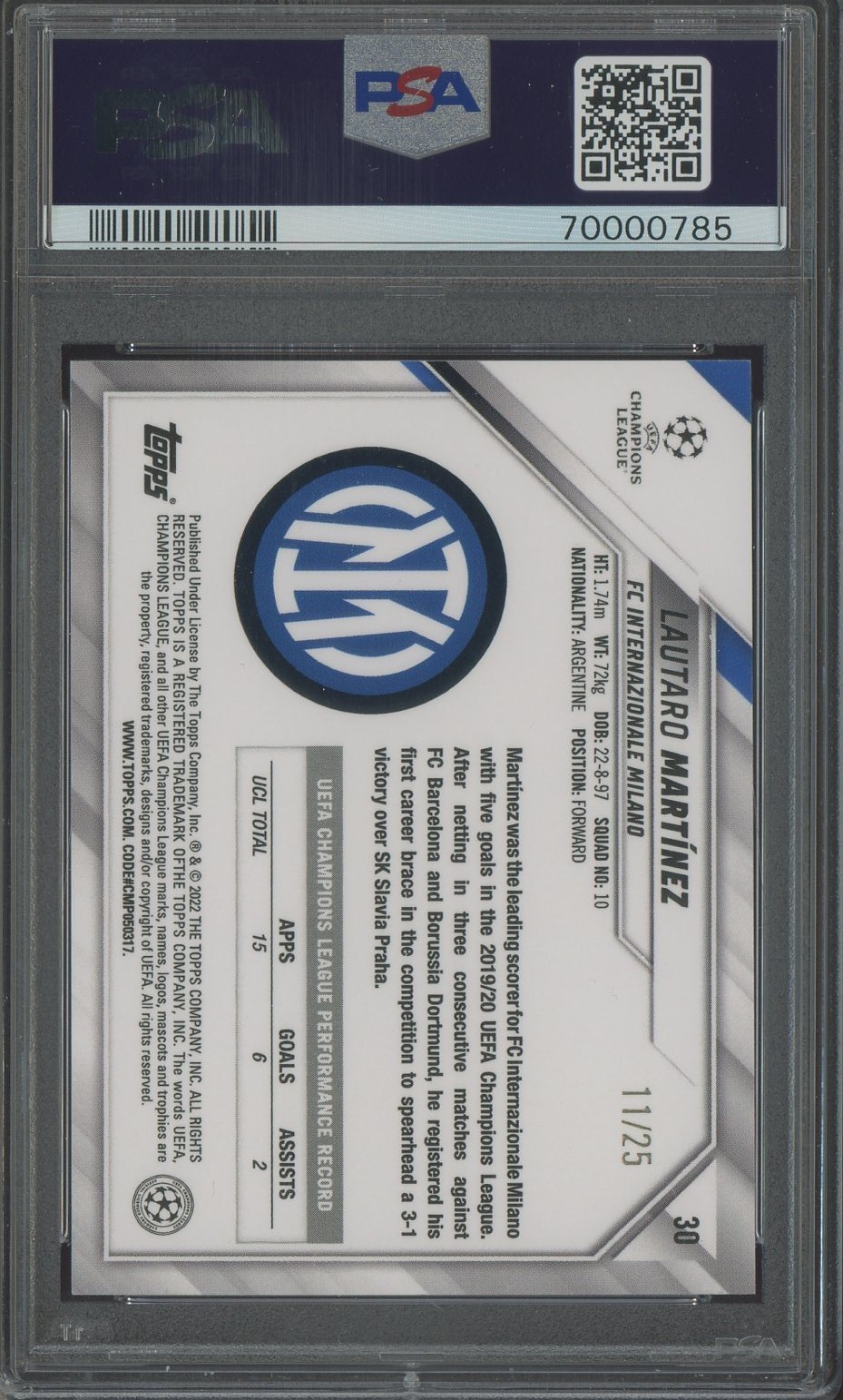 2021-22 Topps Chrome Sapphire UCL Soccer Purple #30 Lautaro Martinez /25 PSA 10 view 2