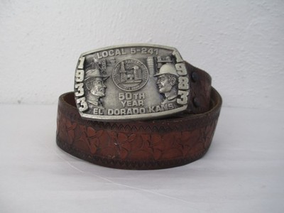 Local 5-241 Union Kansas 1983 Commemorative Buckle w/ Hand Tooled Belt size 38